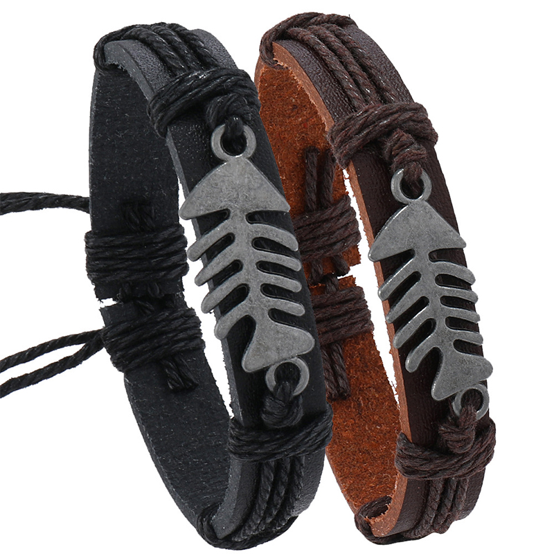 Men Accessories Pk - 레트로 가죽 우븐 피쉬본 뱅글, 다크