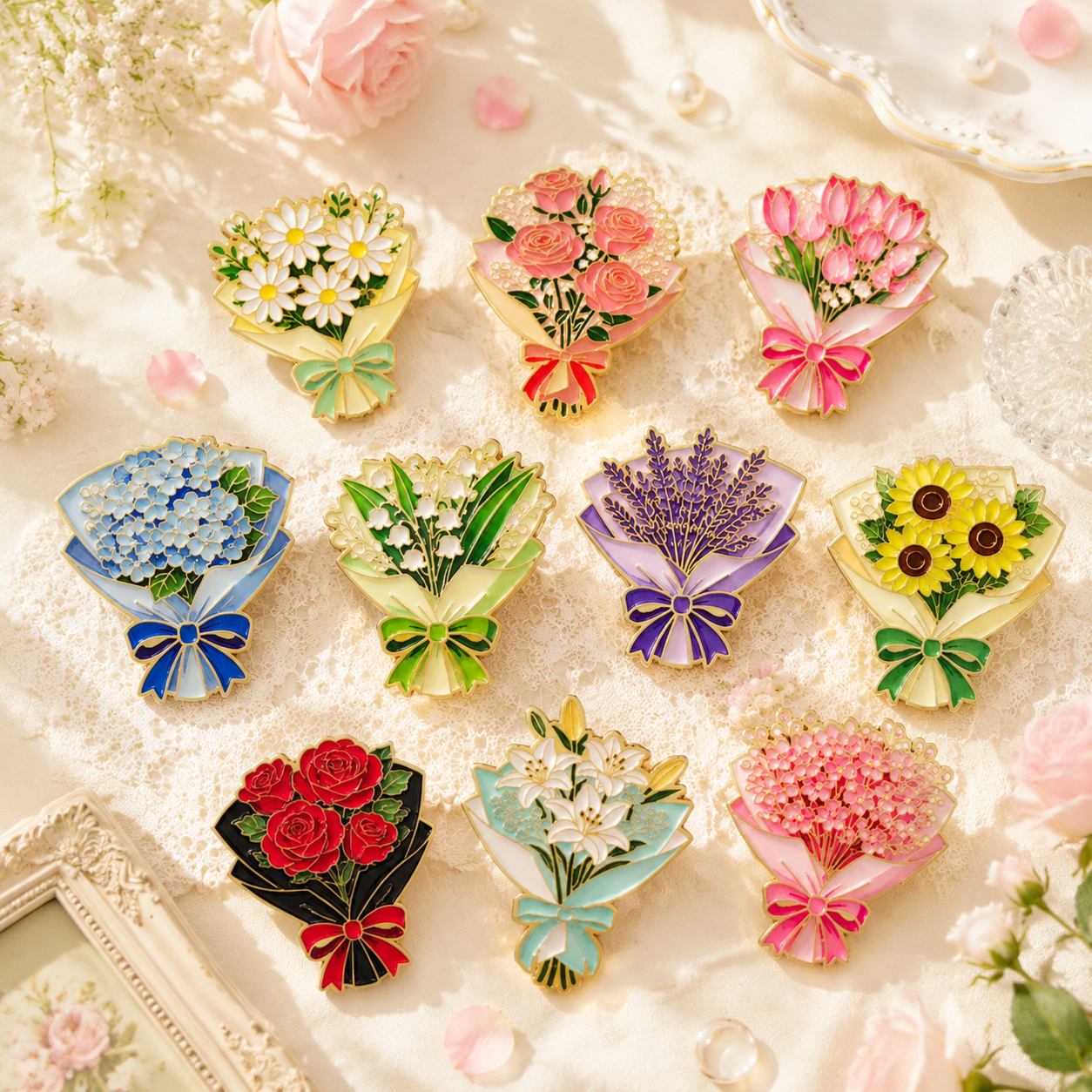 Men Accessories Bouquet - 10pcs 꽃다발 꽃 소프트 에나멜 핀