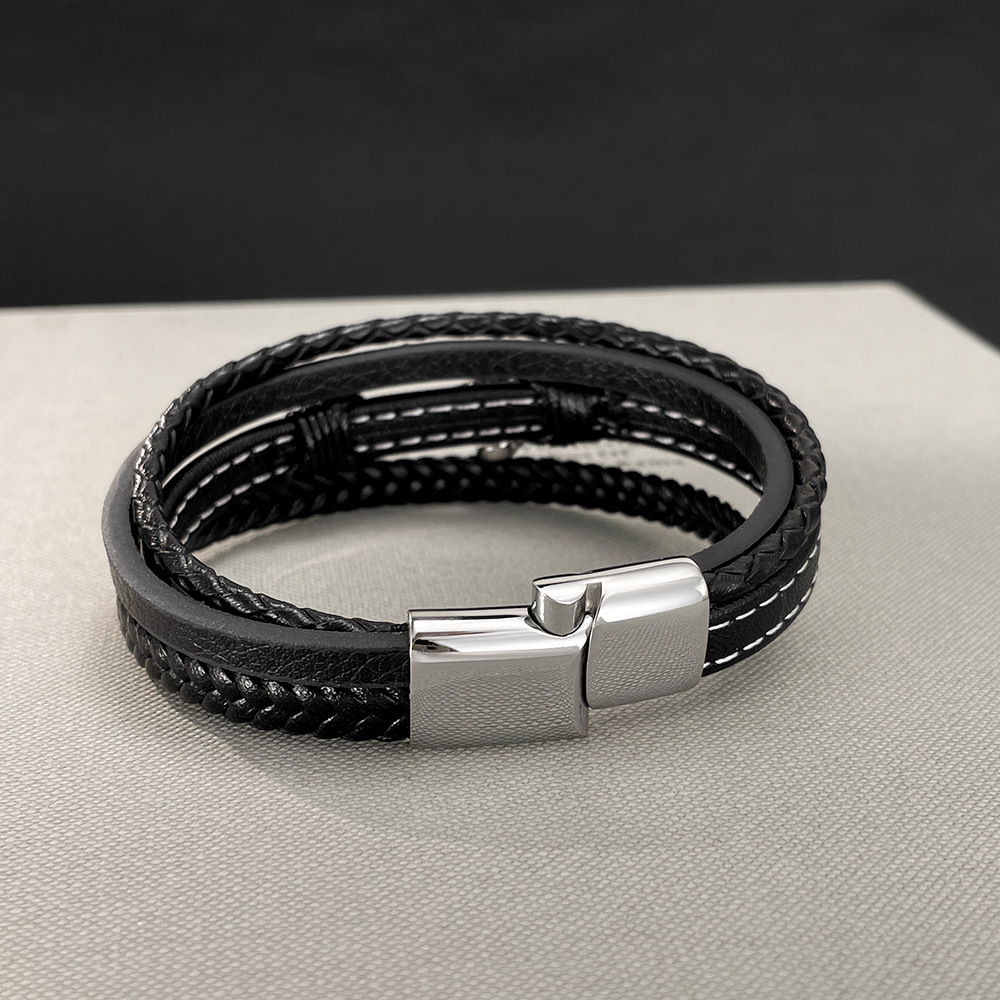 남성용 멀티 레이어 직조 가죽 팔찌, 스테인리스강, 창 - Men Accessories Pk 리뷰 및 가격